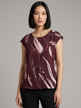 ​Willow & Thread Plum Graphic Print Cap Sleeve Artsy Blouse, Office Chic, Size M